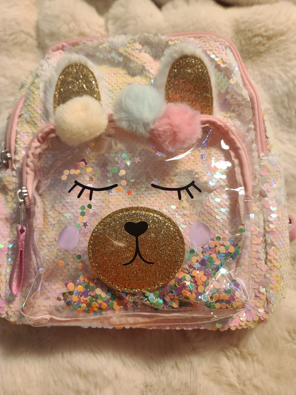 Cat & Jack Pink Sequin Pom Bear Kids Backpack